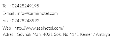 Asel Hotel telefon numaralar, faks, e-mail, posta adresi ve iletiim bilgileri